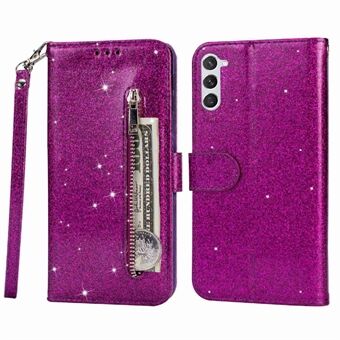 Voor Samsung Galaxy S23 Rits Zak Glittery PU Leer Anti-drop Telefoon Case Flip Wallet Stand Volledige Bescherming Telefoon Cover