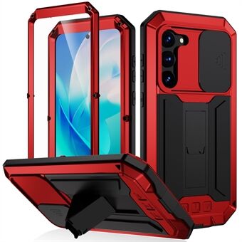 R-JUST Voor Samsung Galaxy S23 PC+Silicone+Metal Phone Back Case Slide Camera Lid Design Drop-proof Kickstand Cover met Tempered Glass Screen Protector