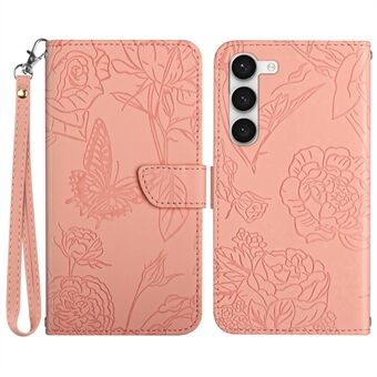 Voor Samsung Galaxy S23+ HT03 Bedrukte Vlinder Bloemen Portemonnee Case Skin-touch PU-leer Magnetische Flip Stand Telefoonhoes met Riem