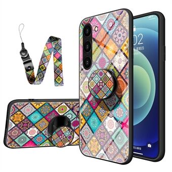 Voor Samsung Galaxy S23+ Anti- Scratch Telefoonhoes Standaard Bloemenpatroon Gehard Glas + PC + TPU Valbestendig Telefoonhoesje met Lanyard