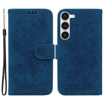 Voor Samsung Galaxy S23+ PU lederen portemonnee telefoonhoesje met opdruk Rose Butterfly Stand magnetische sluiting anti-val cover met riem