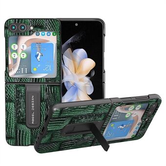 ABEEL Voor Samsung Galaxy Z Flip5 5G Mahjong Textuur Kickstand Cover Echt Koe Leer + PC Telefoonhoesje