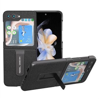 ABEEL Voor Samsung Galaxy Z Flip5 5G Litchi Textuur Achterkant Kickstand Echt Koe Leer + PC Telefoonhoesje