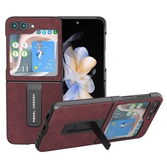 ABEEL Voor Samsung Galaxy Z Flip5 5G Kickstand Achterkant Litchi Textuur Leer Gecoat PC Telefoonhoesje