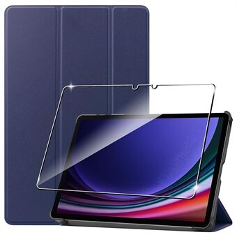 Voor Samsung Galaxy Tab S9 Tri-fold Stand PU Leren Tablet Hoesje met 2.5D Gehard Glas Scherm Bescherming