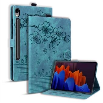 Voor de Samsung Galaxy Tab S9 Kaarthouder Leren Anti-val Hoesje met Bloemen en Kattenopdruk en Tabletstandaard