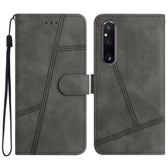 Voor Sony Xperia 1 V Anti-drop Cover met Wallet Stand Opgedrukte Lijn Skin-touch PU Leather Phone Shell