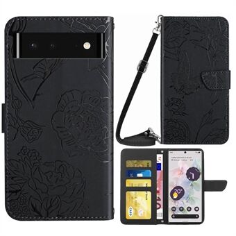 Voor Google Pixel 6 Skin-touch Feeling Leather Cell Phone Bag Case, Stand Butterfly Flowers Imprinting Pattern Wallet met Schouderband.