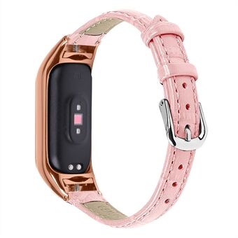 Voor Xiaomi Smart Band 8 horlogeband van echt rundleer, bamboekorrelband met roségouden frame