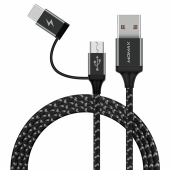 MOMAX ZERO 1m micro-USB + Type-C Sync nylon gevlochten oplaaddatakabel - zwart