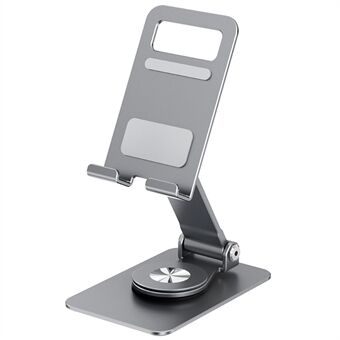 Opvouwbare telefoonbeugel met verstelbare draaihoek van 360 graden voor op een bureau.