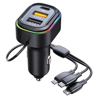 K5 2 USB + 1 Type-C PD Phone Fast Charging Adapter Car Charger with 3-in-1 Charging Cable