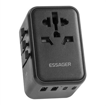 ESSAGER PD 65W GaN-oplader 3 USB-C + 2 USB-A + AC-aansluiting Wereldwijde reisladeradapter Draagbaar wandopladerblok