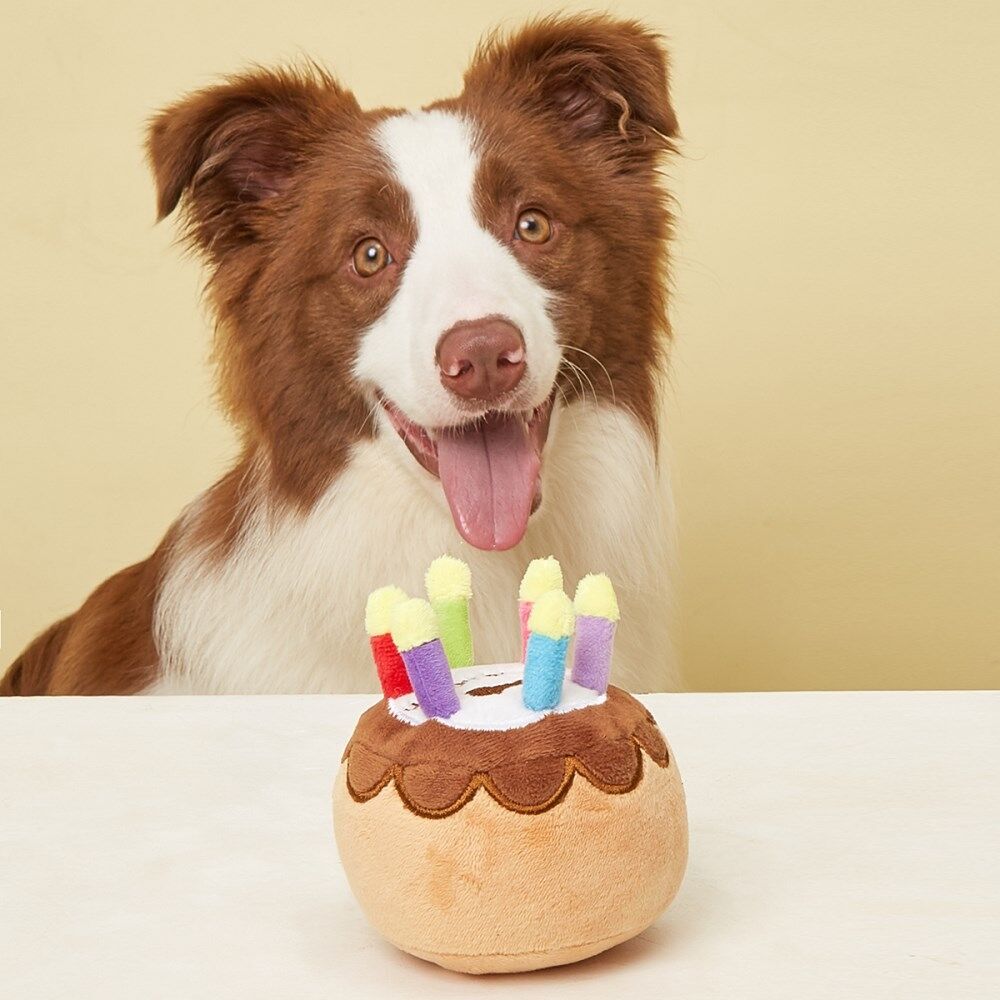 Zachte gevulde pluche verjaardagskaars cake piepende hond speelgoed Feestdecoratie