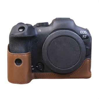 Voor Canon EOS R7 Digitale Camera Bodem Case PU Lederen Half Body Beschermhoes met Batterij Opening Ontwerp: