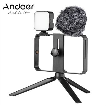 Andoer Smartphone Video Cage Kit Bevat 2 Mini LED Fill Lights + Mini Microfoon + Handheld Smartphone Video Bracket + Mini Desktop Stand